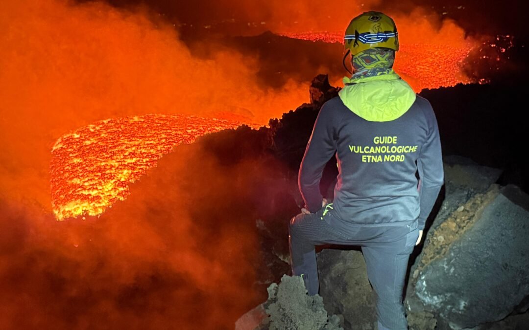 Etna excursion with active lava flow during sunset