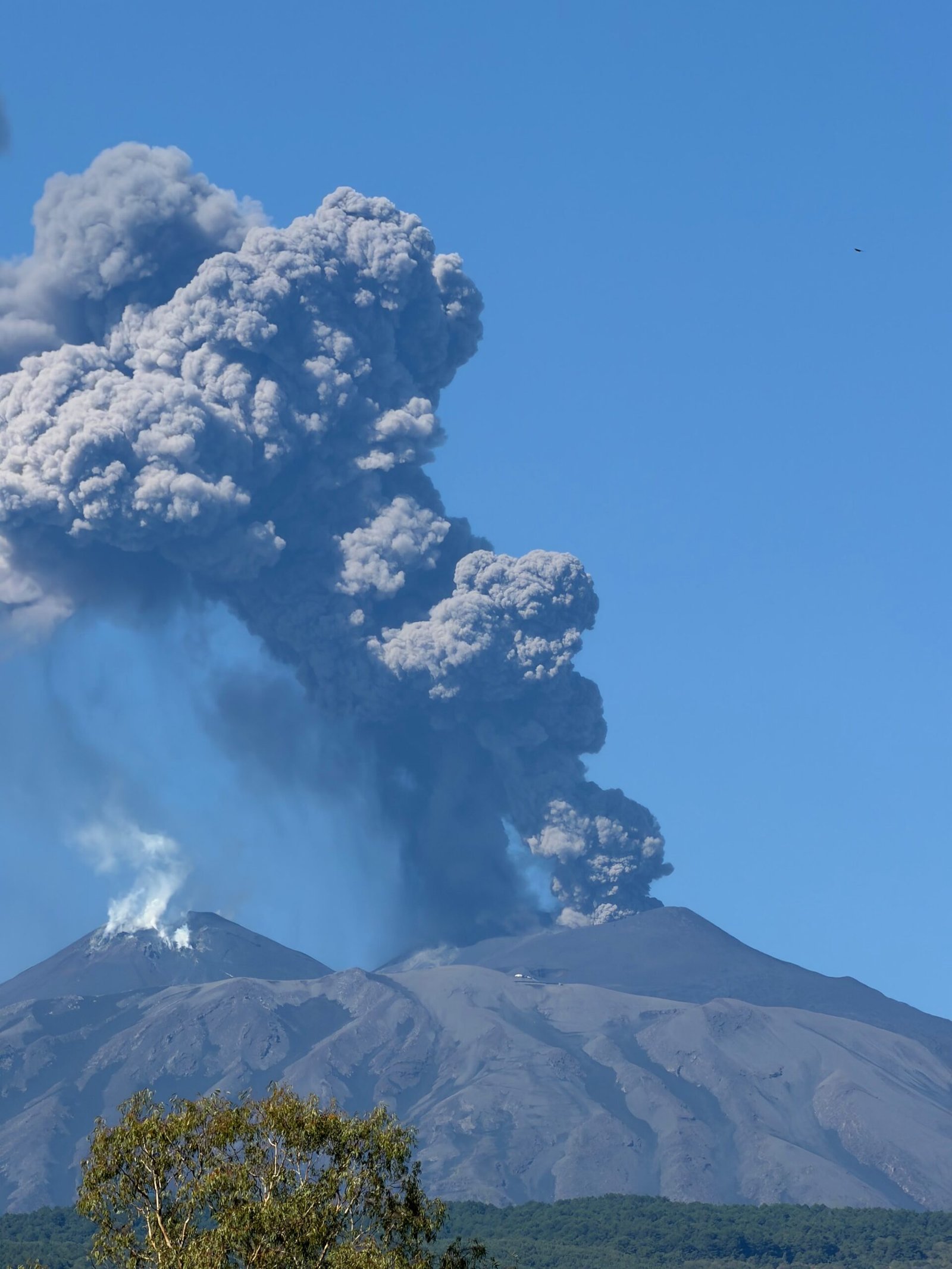 Panache de cendres s’élevant des cratères sommitaux de l’Etna, vu de loin avec le volcan en arrière-plan